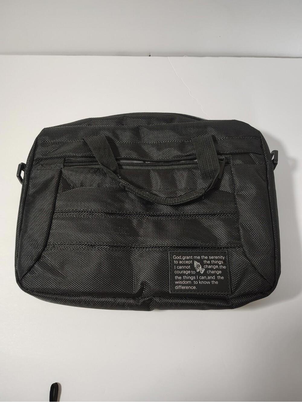 Canvas Bible Bag Black Multi Organize Pockets. Serenity Prayer. Adjustable Strap
